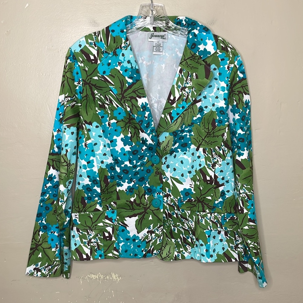 VINTAGE Joanna Blazer Green & Blue Retro Floral Stretch Single Breasted Medium